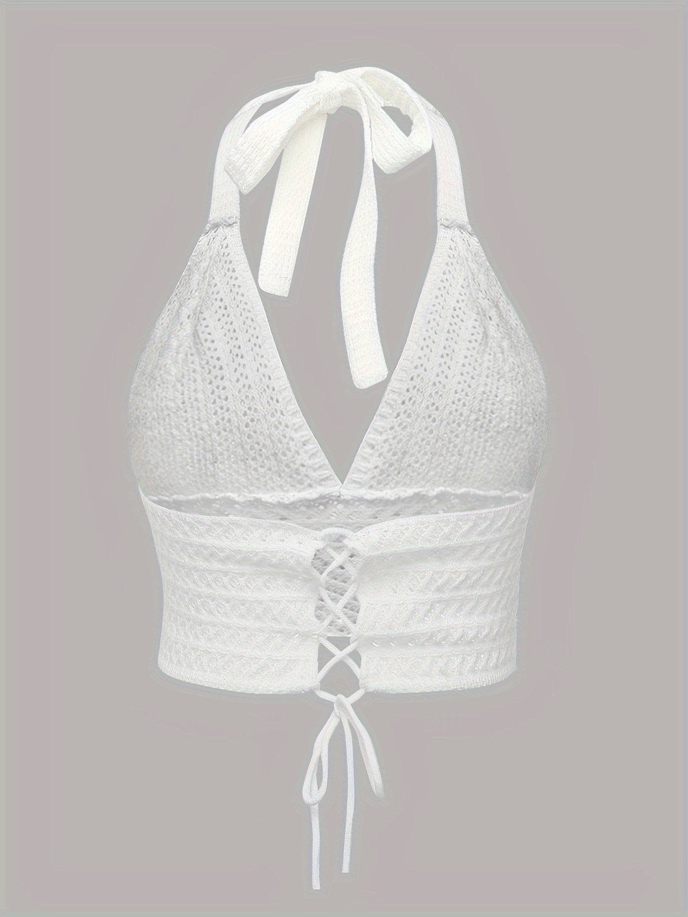 Solid Cross Tie Back Halter Top, Versatile V-neck Backless Crop Knitted Top, Women's Clothing